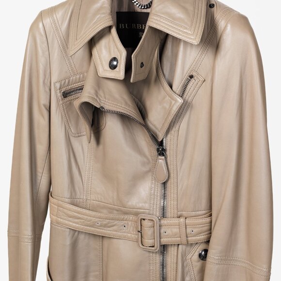 Burberry Taupe Grey Brown Leather Moto Trench Coat - Picture 3 of 13